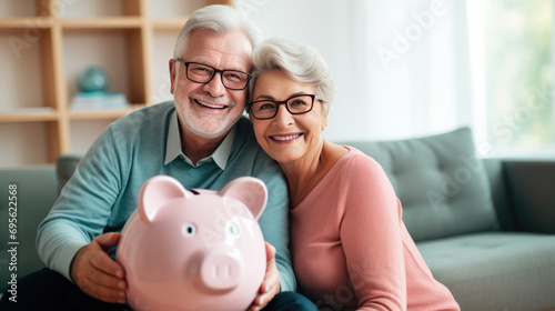 Cheerful senior couple sitting closely together on a sofa, holding a piggybank, symbolizing financial security and savings in their retirement years.
