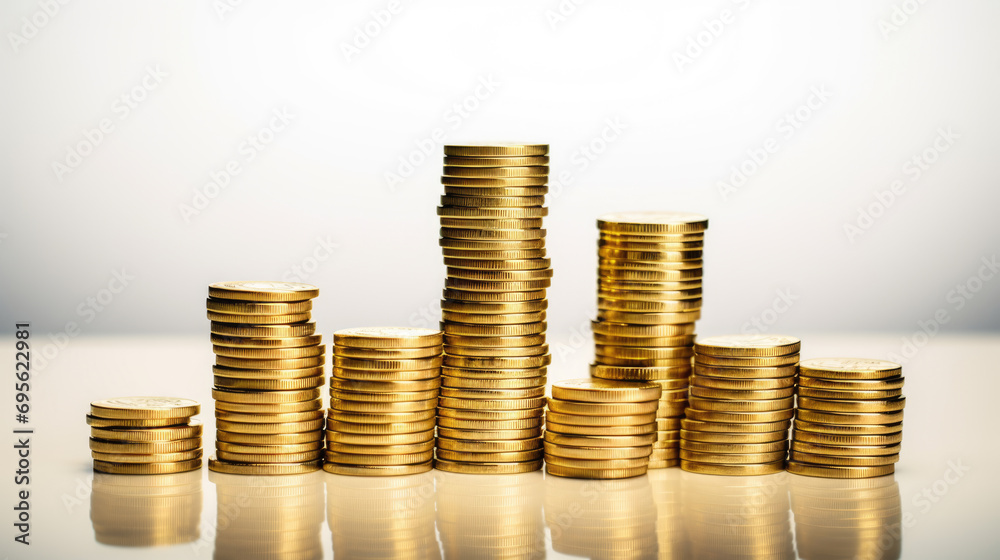 Several stacks of gold coins in different heights arranged from tallest to shortest against a white background Several stacks of gold coins in different heights arranged from tallest to shortest against a white background