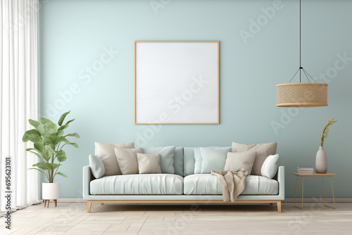Serene living room with a pale blue wall, a calming empty mockup frame, and tranquil, soothing decor. 8k, © Creative artist1