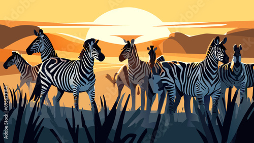 A herd of wild zebras on the savannah. vektor icon illustation