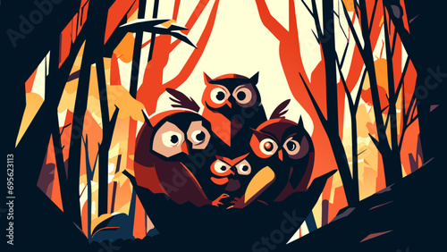 A family of owls in a tree hollow. vektor icon illustation