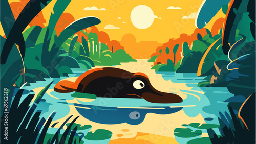 A whimsical platypus swimming in a pond. vektor icon illustation
