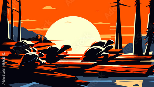 A row of turtles sunbathing on a log. vektor icon illustation