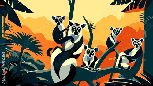 A family of lemurs in a tree. vektor icon illustation