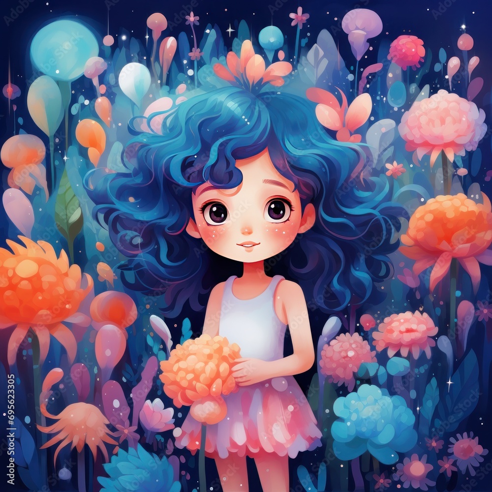 Fototapeta premium Whimsical animation of girl with flowers and glowing lights. Fantasy and magic.