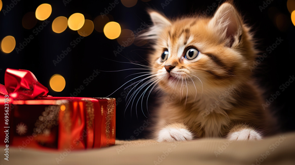 Portrait of a kitten, looking at a Christmas gift
