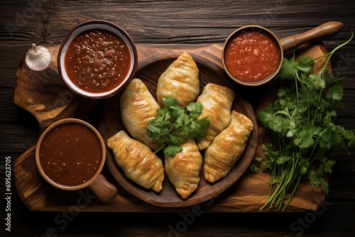 Chilean Pebre Sauce: A Zesty Condiment for Your Tastebuds. Tomatoes, Pepper, and Spices Infused Salsa to Accompany Your Food, With Empanadas on the Side photo