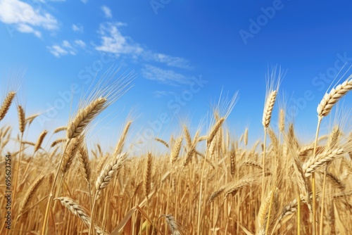 Golden Wheat Field on a Sunny Day  Rural Landscape with Cereal Plants and Blue Skies