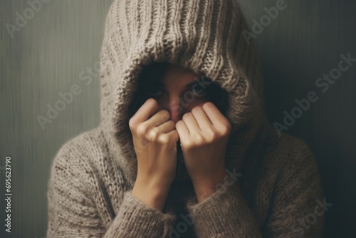 Lonely Woman Hiding Her Face Under Clothes. Concept of Depression, Emotional Distress and Loneliness in Adults photo