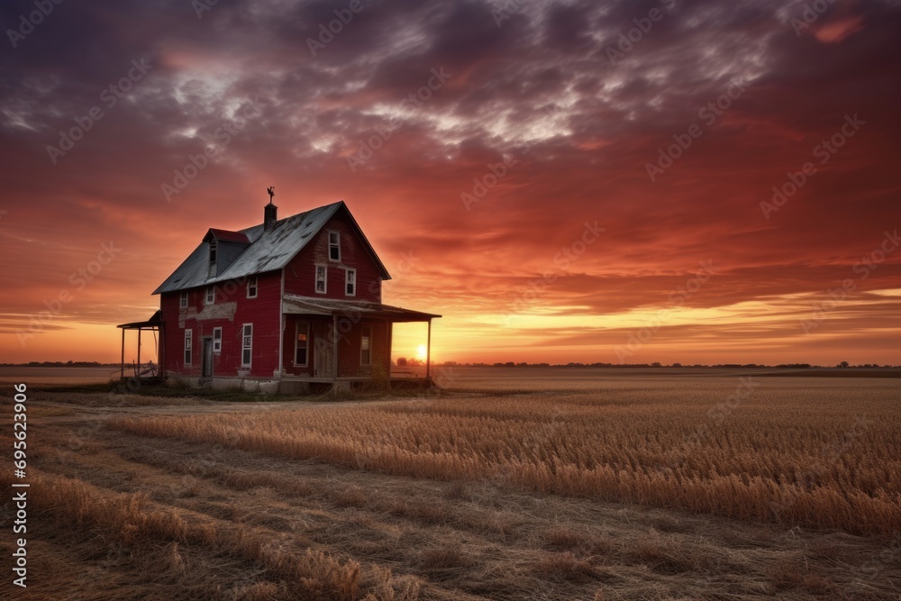 Weathered Red Illinois Farmhouse in Rural Setting with Sunset Sky and Lush Grass