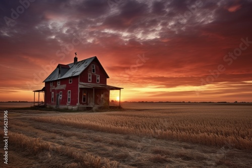 Weathered Red Illinois Farmhouse in Rural Setting with Sunset Sky and Lush Grass © AIGen