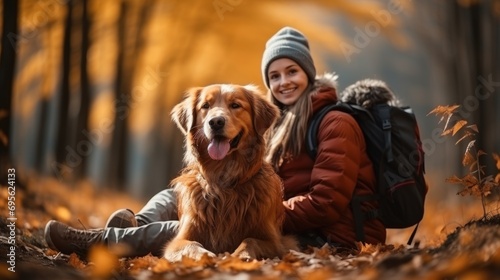  friendship concept picture of a backpacker and a golden retriever dog travel together at beautiful mountain range.