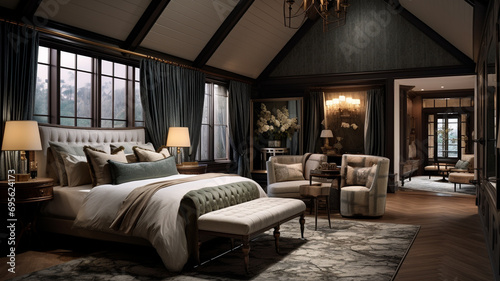 A boutique hotel room featuring a luxurious bed, a cozy seating area, and elegant decor creating a serene and inviting ambiance.
