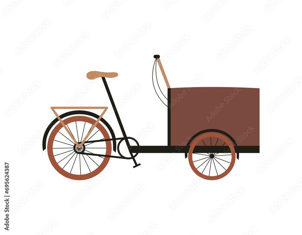 Tricycle city bicycle for family cycling with children or pet. Isolated flat illustration in brown colors