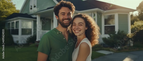 Happy young couple standing in front of their new home. Homeownership and joy.