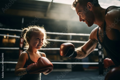 Resilient Little girl training with coach in boxing ring in evening. Sport boxer trainer beat classes. Generate Ai © juliars