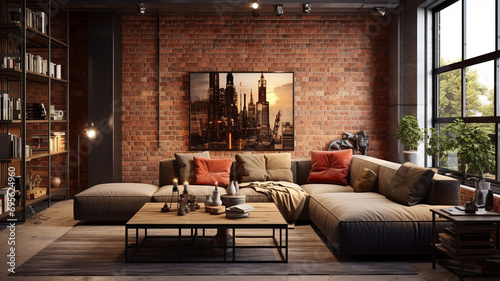Industrial-style living room with an empty brick wall, metal accents, and soft lighting.