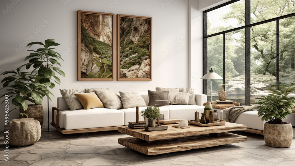Nature-inspired living room with a blank wall, botanical prints, and organic textures.