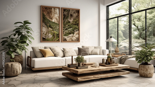 Nature-inspired living room with a blank wall, botanical prints, and organic textures.