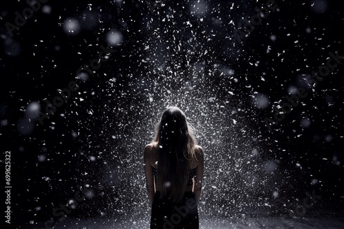 Young woman in black dress standing under falling snow on black background.