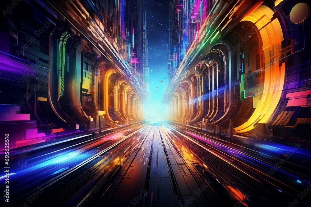 Abstract representation of innovation and creativity showcased in a dynamic fusion of technological elements and vibrant, futuristic colors. Abstract representation of innovation and creativity showcased in a dynamic fusion of technological elements and vibrant, futuristic colors.