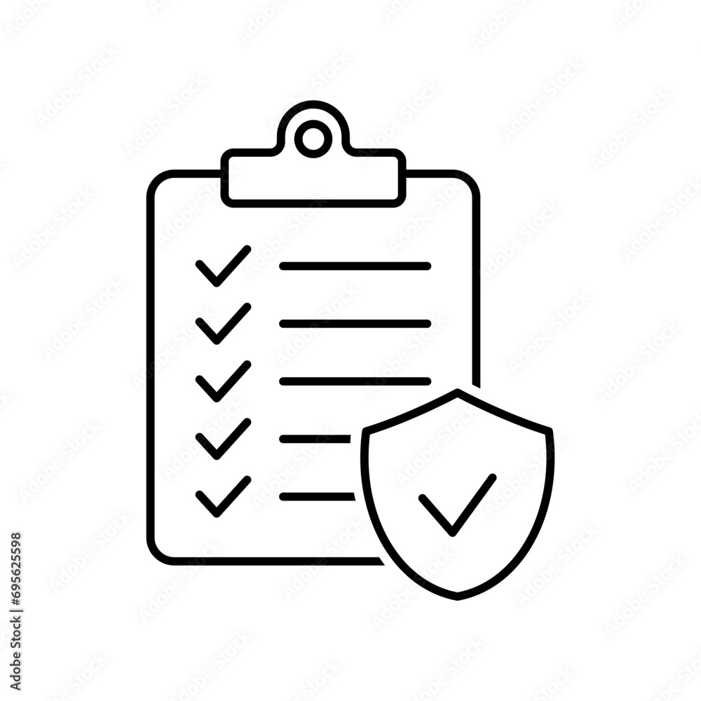 Clipboard icon with a shield and a check mark. Insurance policy icon, vector icon isolated on white background. Clipboard icon with a shield and a check mark. Insurance policy icon, vector icon isolated on white background.