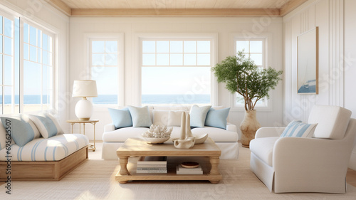 Serene coastal living room with an empty wall, light blue accents, and sandy tones. © Creative artist1