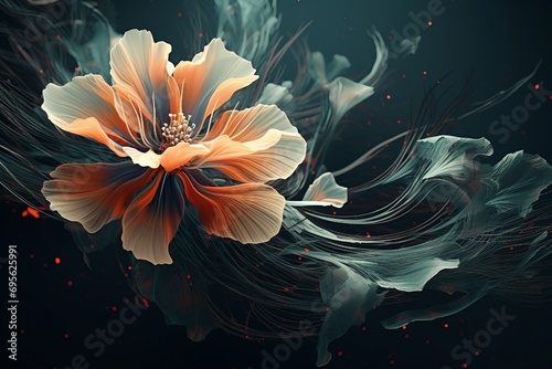 An abstract conceptual background exploring the juxtaposition of nature and technology through a harmonious blend of organic forms and digital elements.