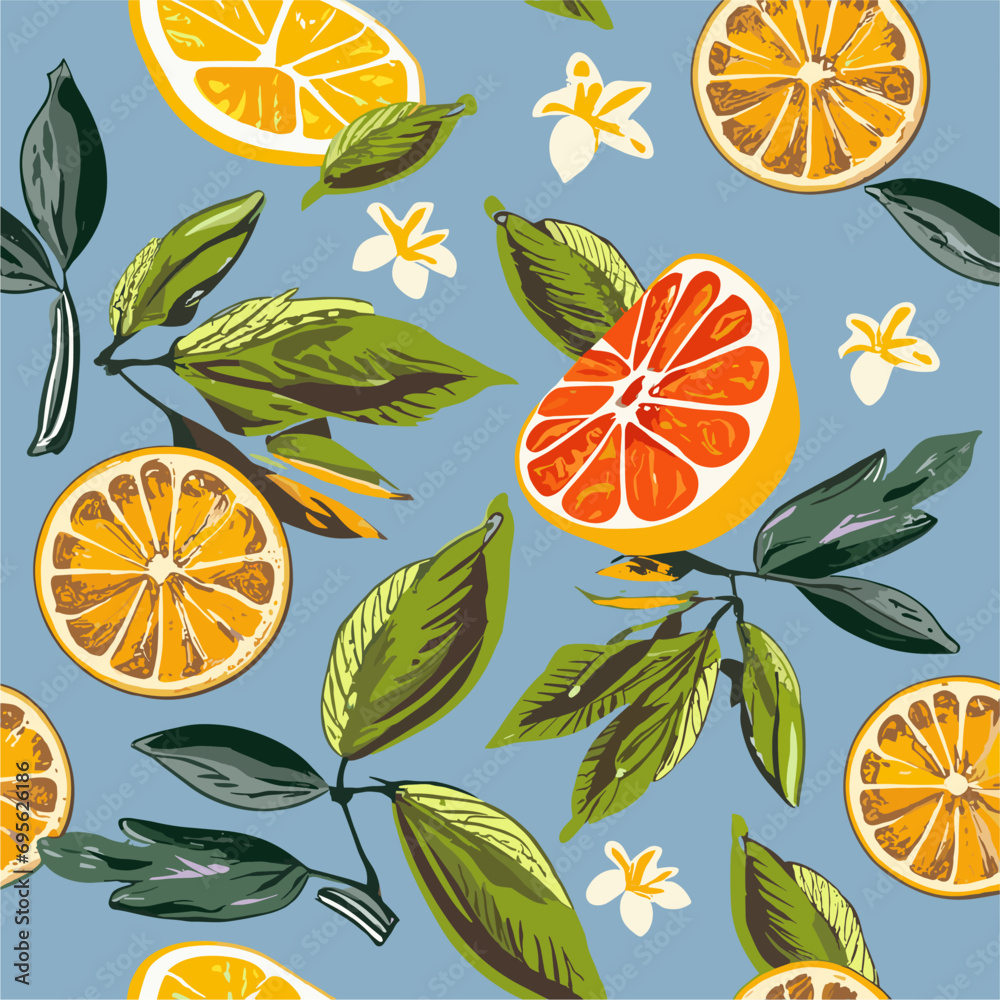 Vector bright summer pattern 
with tropical fruits orange, small 
white flowers, leaves 
on blue background. Fashion
ornament for fabric, paper, textiles, notepad,
woman clothing, card, packaging.
