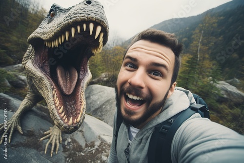 Shocked explorer taking selfie with ferocious dinosaur photo