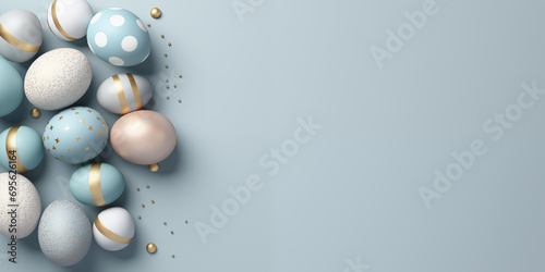 Happy Easter day layout, blue eggs on grey blue paper background with copy space