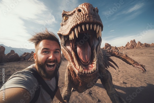 Shocked explorer taking selfie with ferocious dinosaur photo