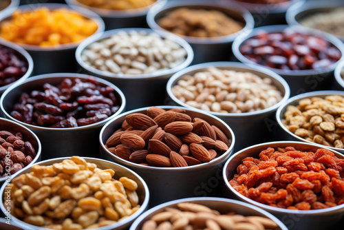 nuts and dried fruits sorted in small bowls