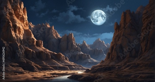 A moonlit canyon with rugged rock formations and deep shadows  capturing the stark beauty of the natural -Generative Ai
