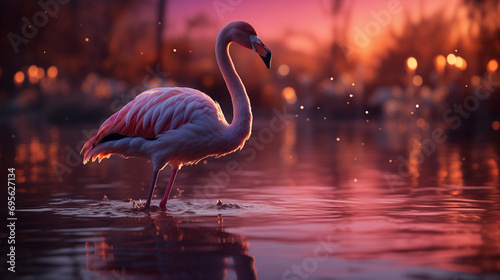 Fenicottero nell'acqua di un lago al tramonto con luci in lontananza photo