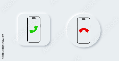 Call and reject call buttons vector icons. Green buttons yes and red no. Take and hang the phone in the style of neomorphism. Vector Eps 10