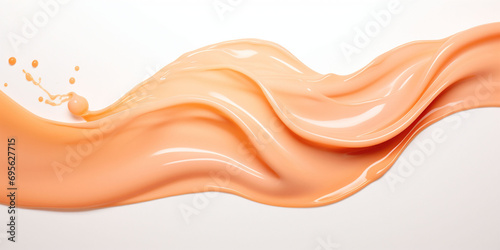 A banner with peach fuzz color liquid flowing across with a white background. Splashes of paint Copy space photo