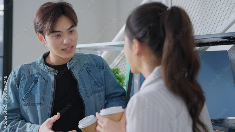 Portrait of cheerful young manager explain job description with new employee. Portrait of cheerful young manager explain job description with new employee.