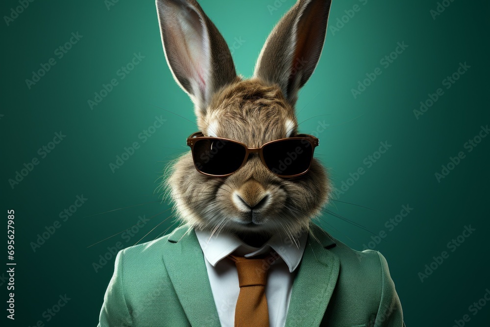 Cool bunny in glasses with selective focus and copy space