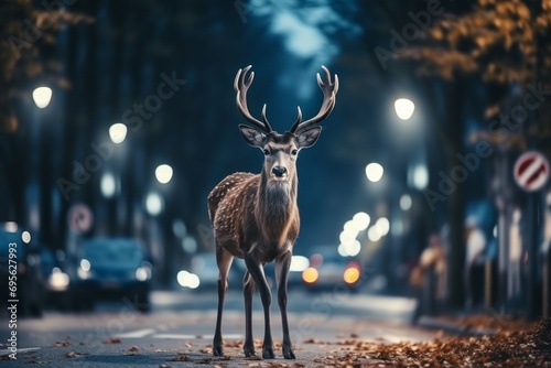 Deer on the road or highway. Background with selective focus and copy space © top images