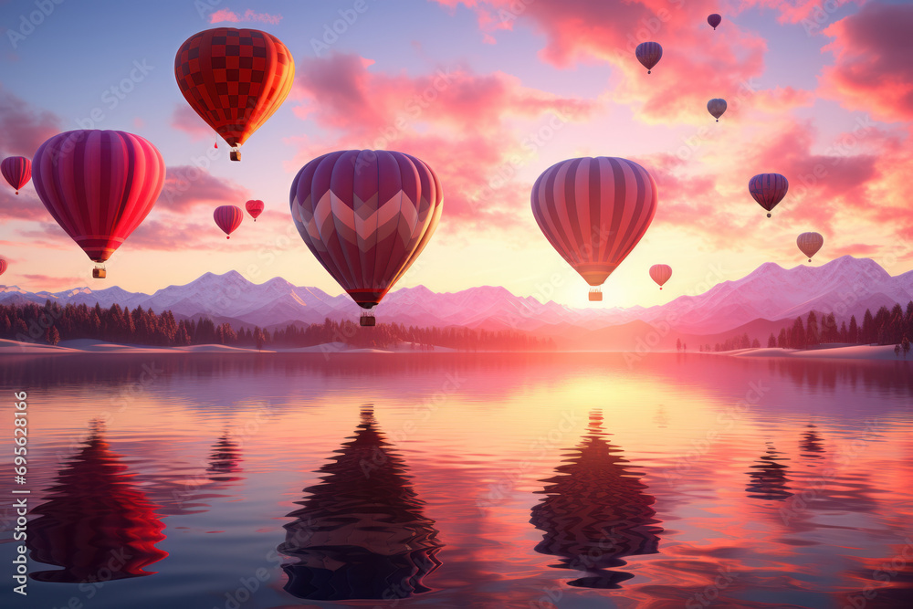 Obraz premium Heart-shaped hot air balloons floating against a vibrant sunset sky, creating a romantic atmosphere for Valentine's Day celebrations. Generative Ai.