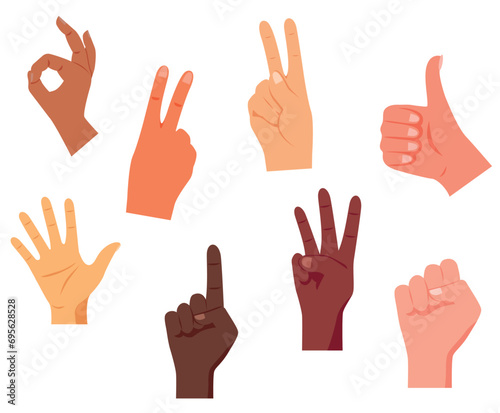 Set of colored hand gestures. Vector illustration of different hand gestures of light and dark-skinned people: okay, peace, victory, super, attention, greeting, fist isolated on white background.