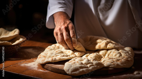 person skillfully folding traditional Arabic bread. generative ai