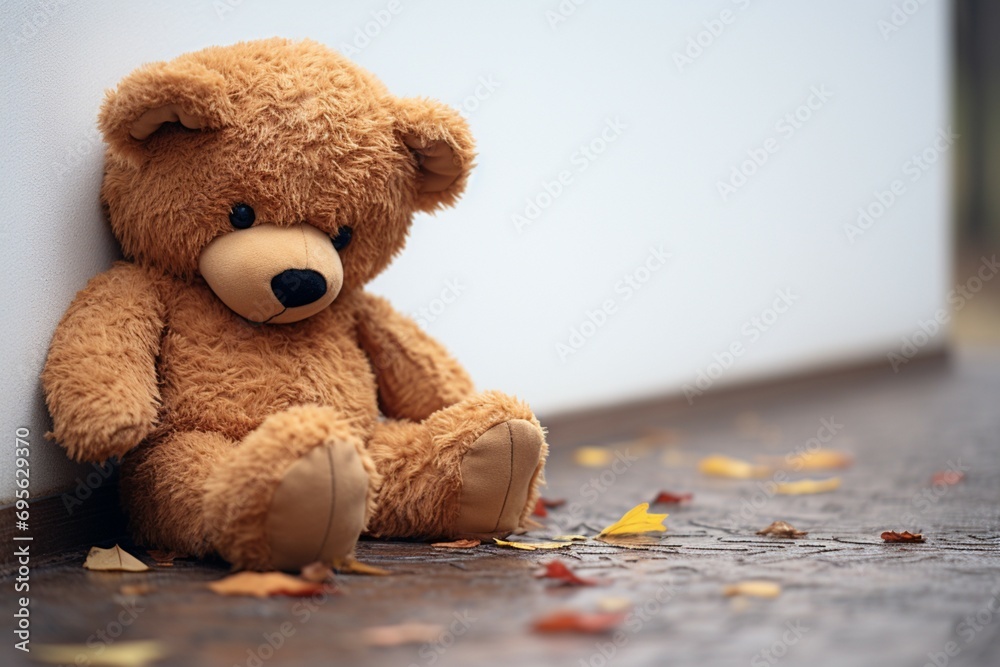 Emotional solitude Childs teddy bear alone, looking sad and disappointed - obrazy, fototapety, plakaty 