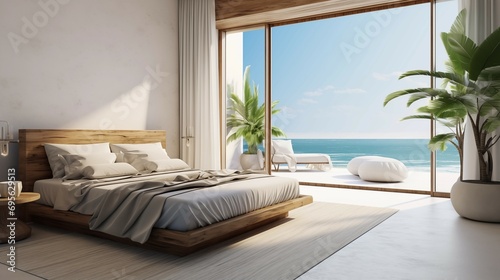 living room interior with sea view. large windows beautiful view of the beach and ocean. bedroom in a house with a window overlooking the ocean © Dm