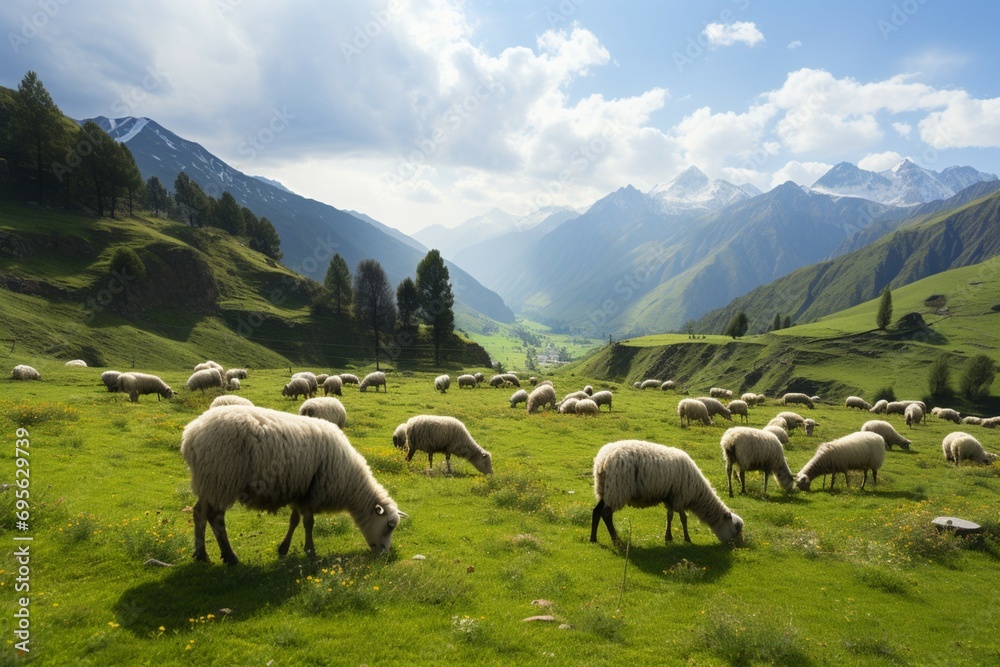 Fototapeta premium Tranquil scene Asian woman farmer diligently tending lush rice field