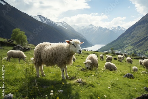Sheep graze peacefully on a lush green mountain meadow