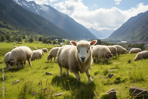 Sheep graze peacefully on a lush green mountain meadow