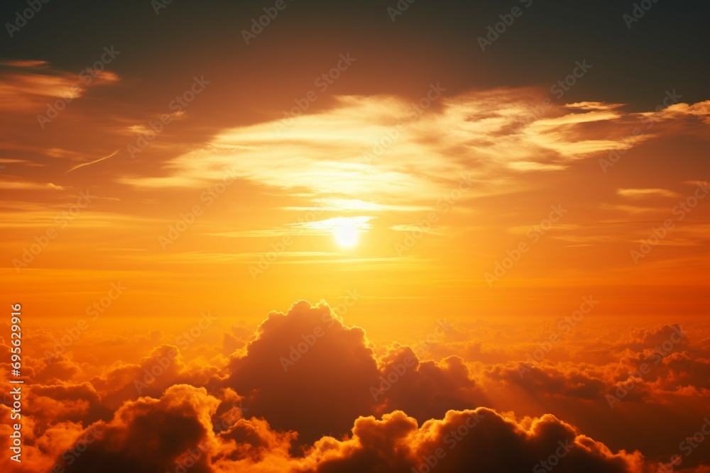 Natural beauty Bright sun and clouds against orange sky backdrop