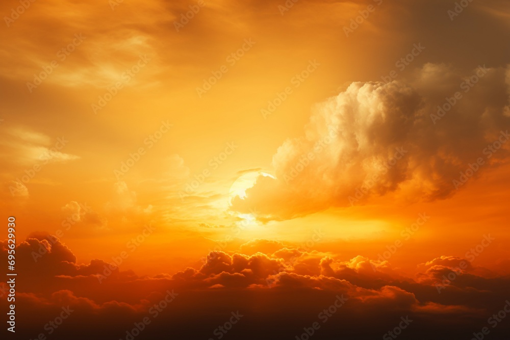 Natures canvas Bright sun and clouds paint orange sky backdrop